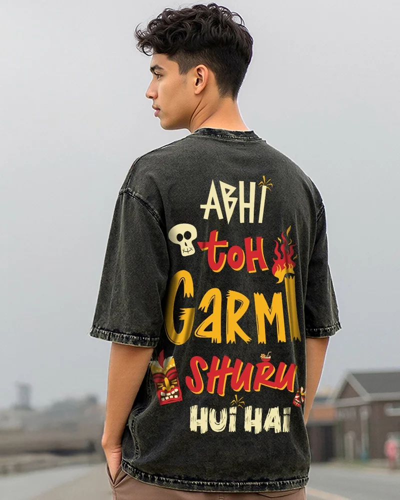 بيواكوف تيشيرت رجالي أسود مطبوع برسومات رأس حار واسع بصبغة حمضية